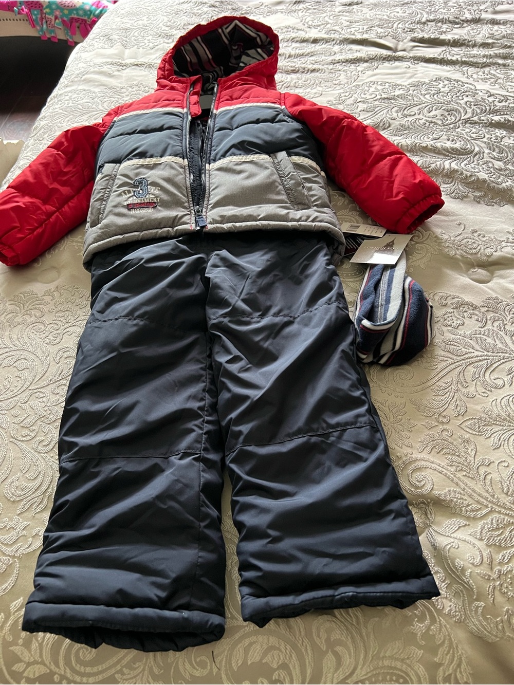 London Fog Kids Colorblock snow suit in Red, Navy & Gray